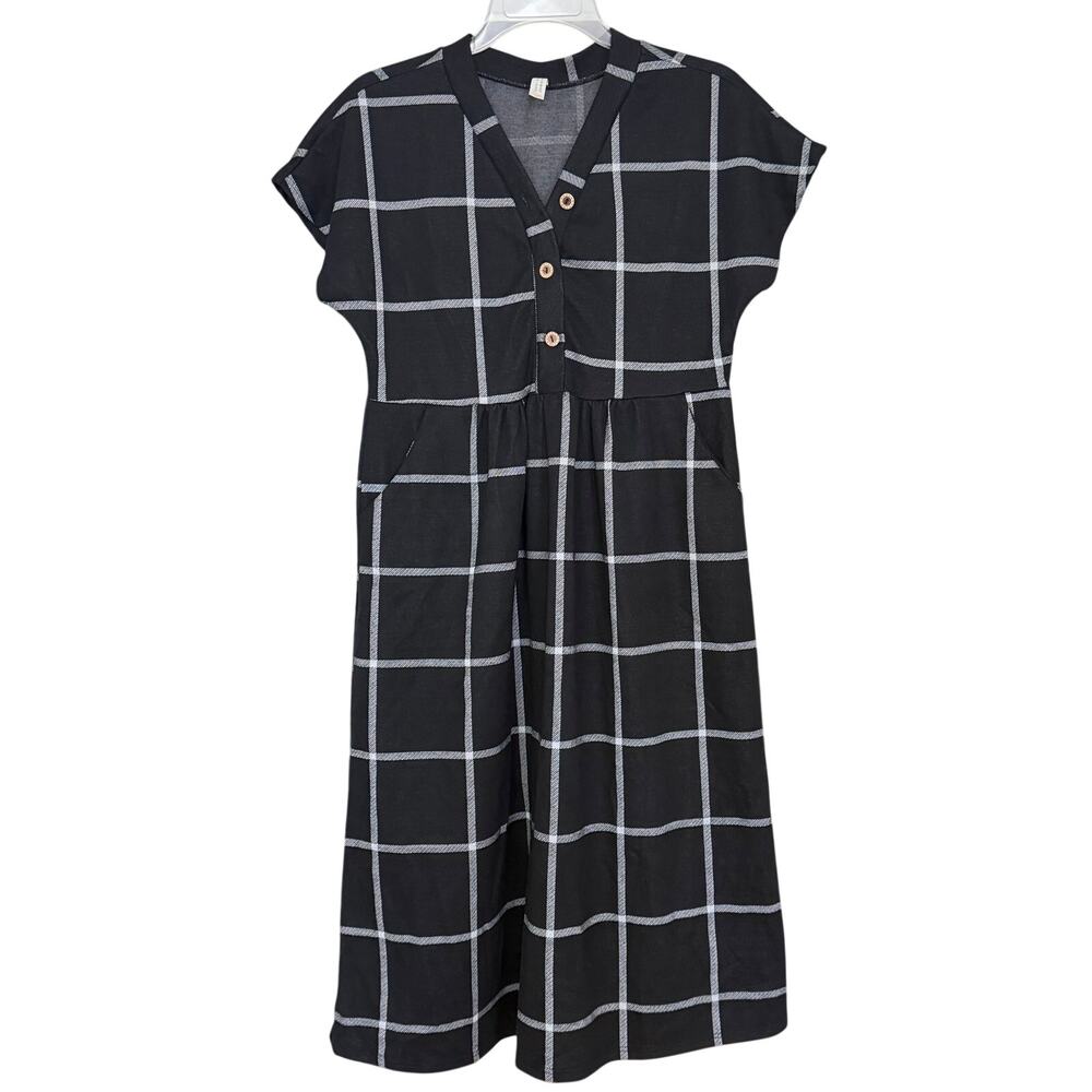 Flamingo Urban Black Windowpane Plaid Flannel Button Midi Dress Pockets Sz M/10